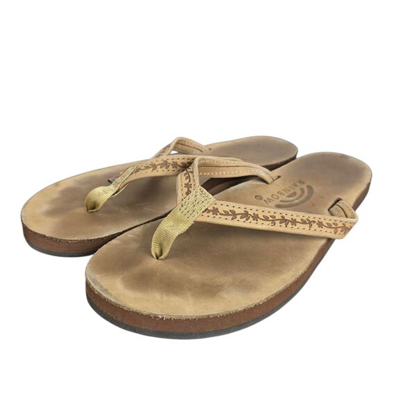 Rainbow Sandals Las Flores Women's Sz 6.5 -7.5 Brown Leather Floral Etching - Picture 4 of 13